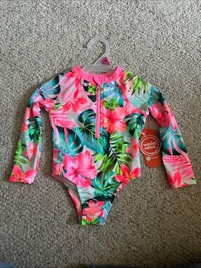 wonder nation Pink & Green Tropical Long-Sleeve One-Piece Swimsuit